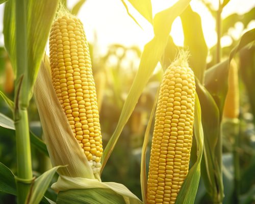 Closeup corn cobs in corn plantation field. Generative AI